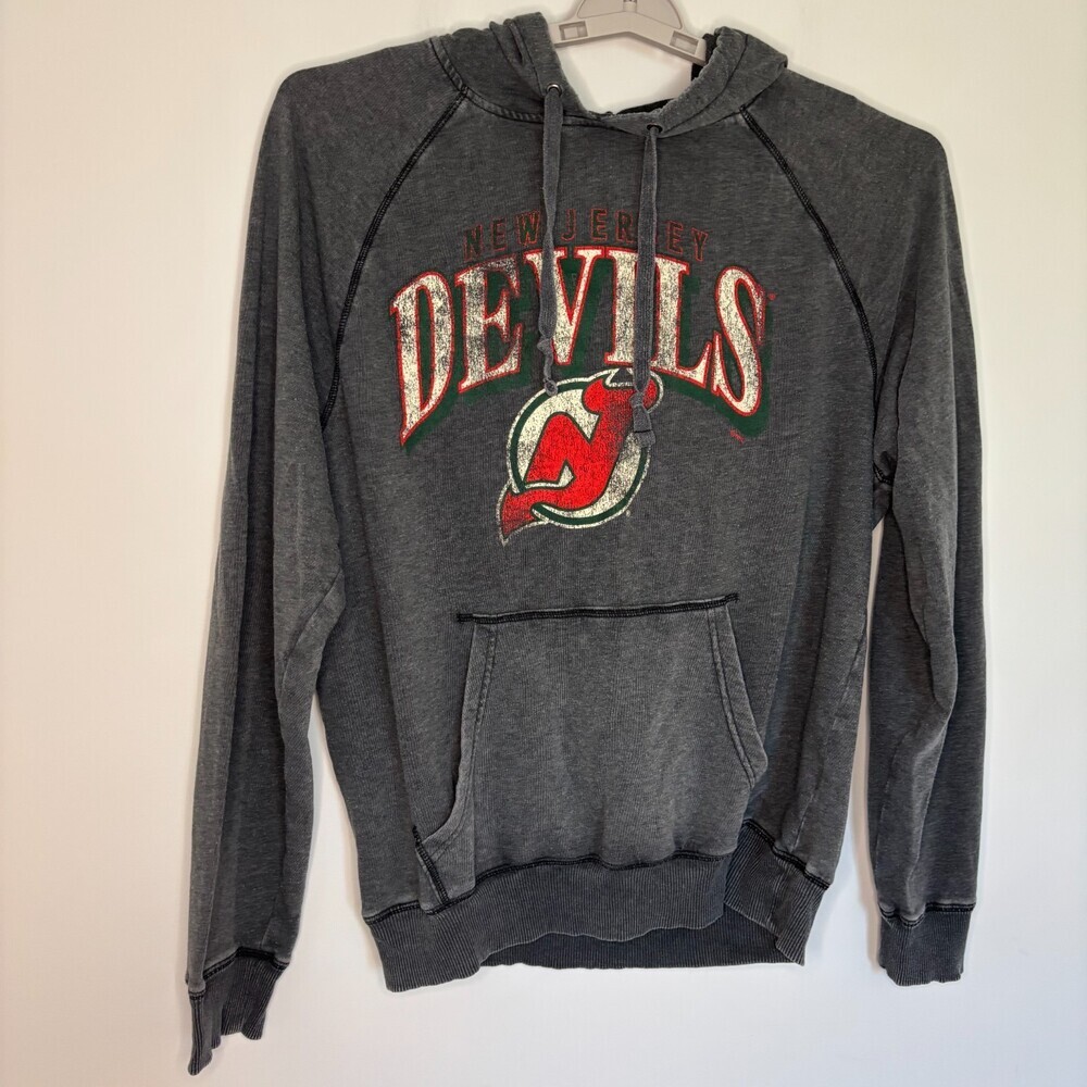 NEW JERSEY DEVILS Lightweight Hoodie Mens L Gray Red NHL Stretch Ice Hockey